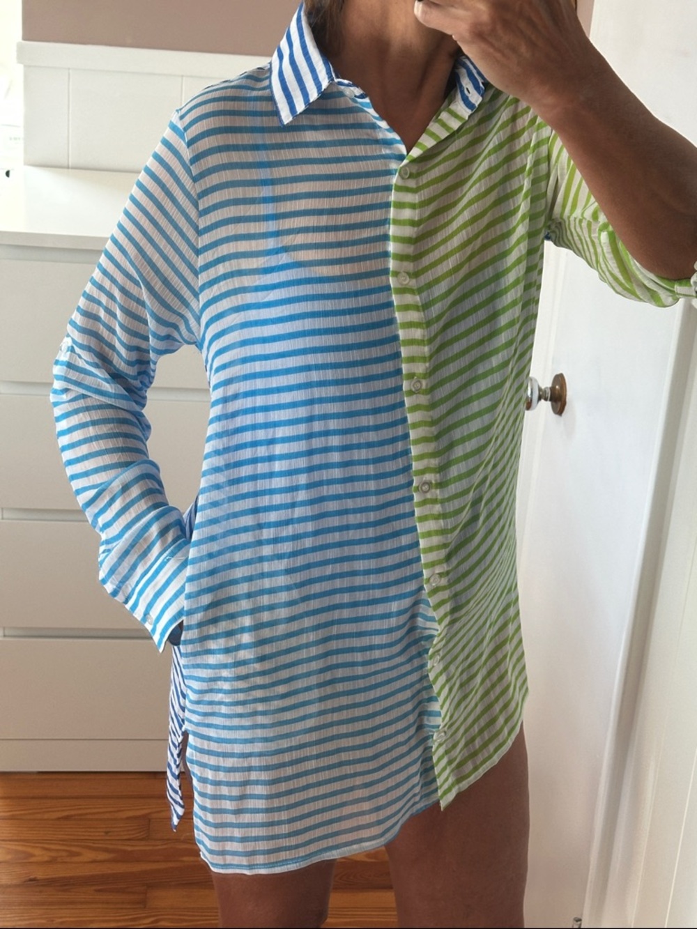 Striped Gauze Sheer Tunic Swim Cover Up, Bleu Rod Beattie striped tunic shirt